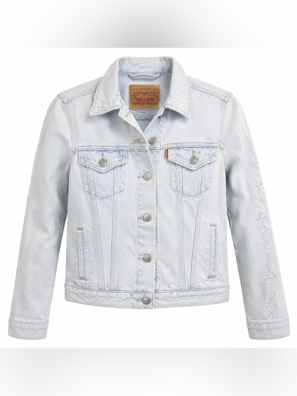 Levi’s Embroidered Floral Sleeves Light Wash Denim Trucker Jacket Women’s XS